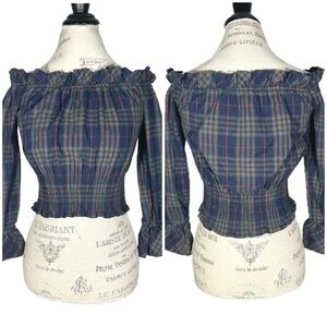 Nude | Women | Tartan Plaid Off Shoulder Smocked Cropped Top | Size Medium